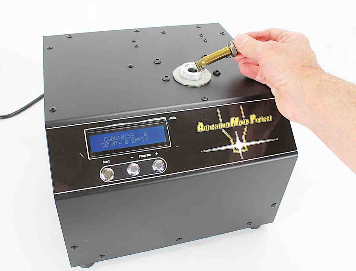 About the size of a breadbox, the computer-controlled AMP annealer outperforms all other methods of annealing. Insert a case and it’s annealed in 3 seconds – without flame.